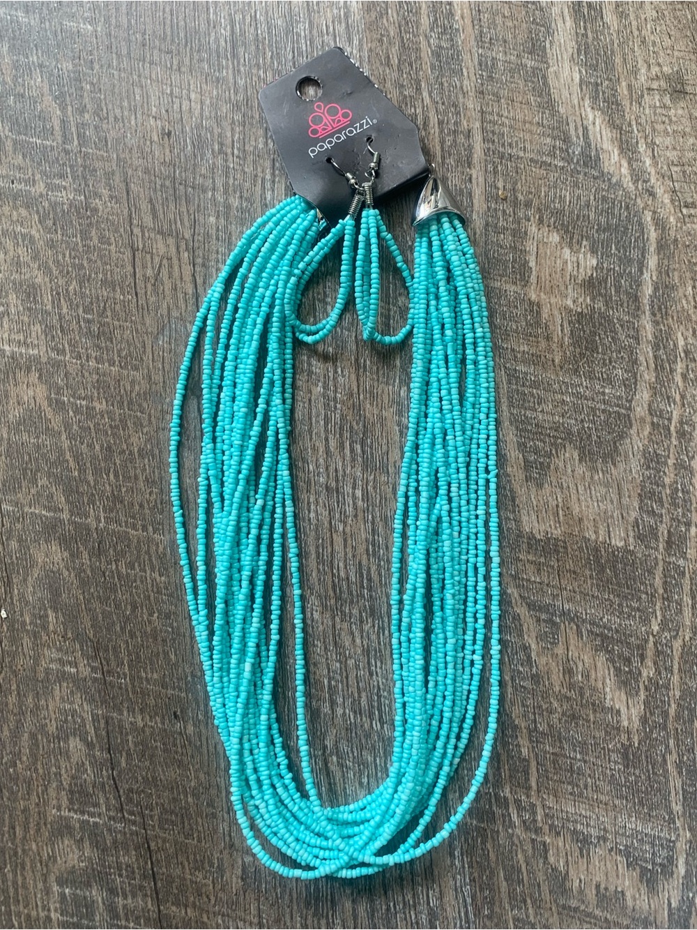 paparazzi Bright Turquoise Multi-Strand Beaded Necklace with Earrings